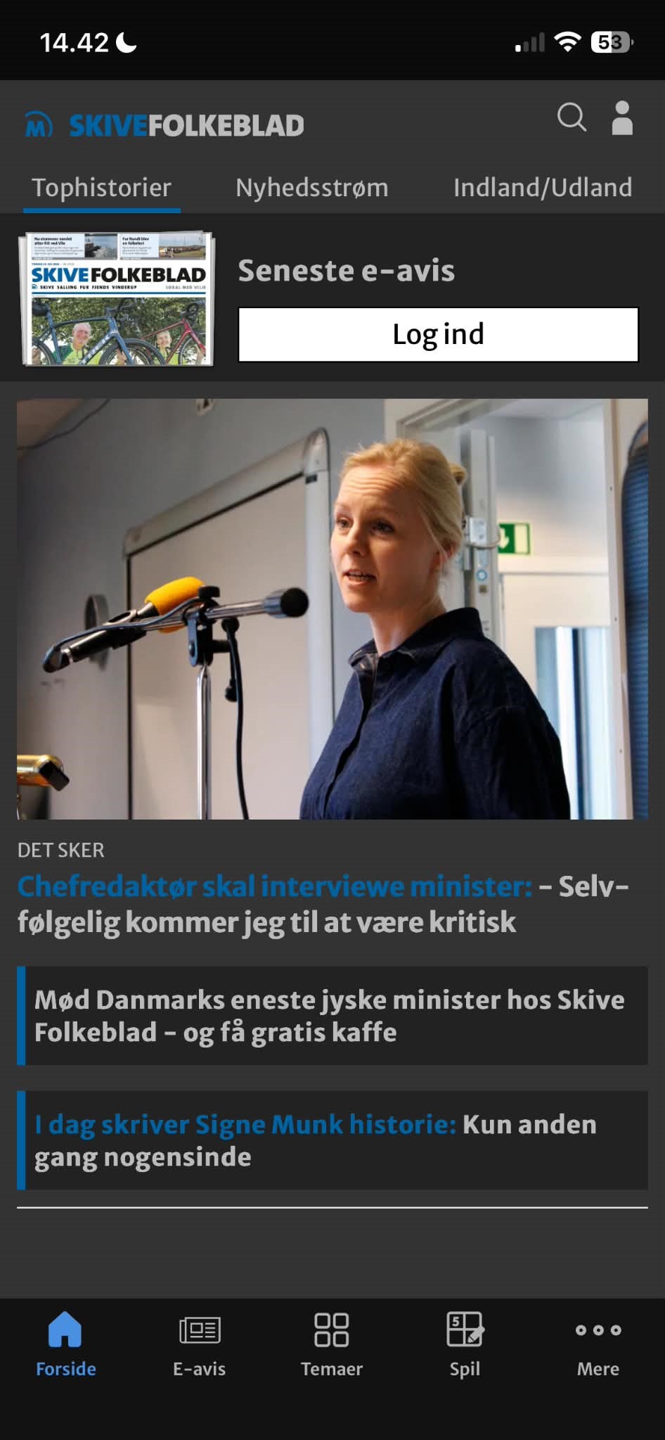 Billede af forsiden af Skive Folkeblad appen