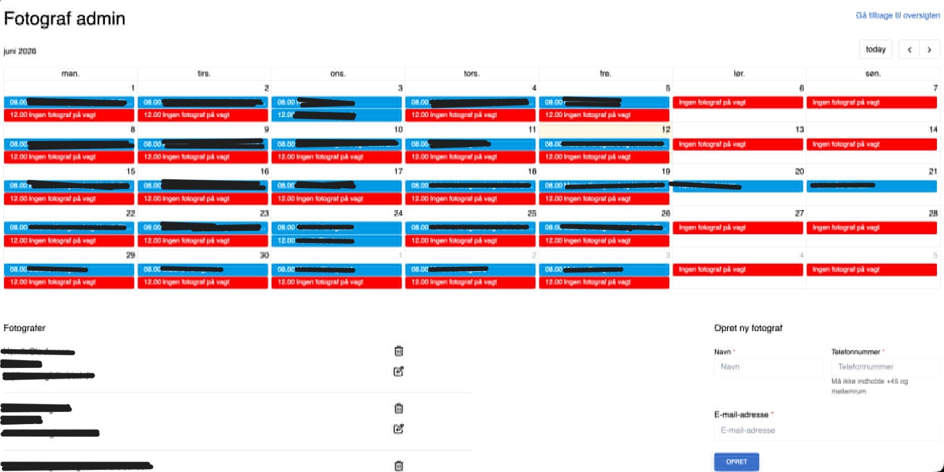 Billede af fotografens kalender, som styre om der er en fotograf på vagt.